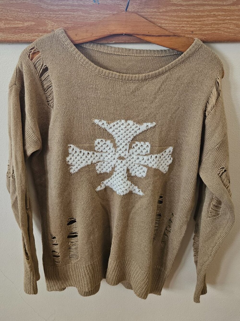 Distressed Beige and White Sweater